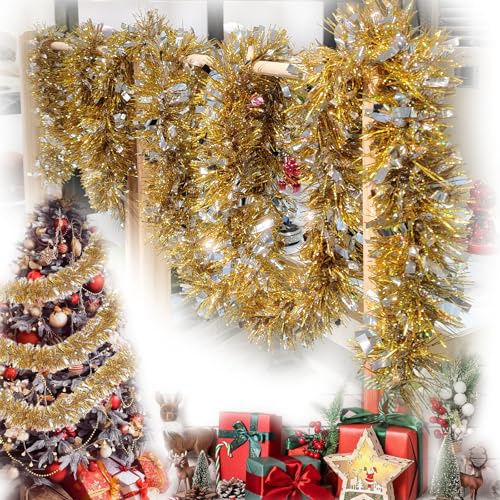 Brillante Espumillón,4 pcs x 2 m Espumillón y Guirnalda de Oropel de Navidad,Oropel de Navidad Decoración,Árbol Decoraciones De Fiestas Navideña (Dorado)