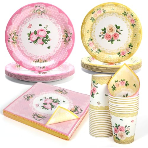 PARTY GO 96pcs Yellow Pink Floral Tea Party Paper Plates,Including Paper Plates,Cups,Napkin,for Wedding Birthday Afternoon Tea Party Table Decor Serve 24 Guests