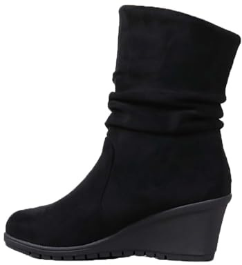 Stivali da donna con zeppa a metà polpaccio in finta pelle scamosciata con plateau stivaletti corti da donna morbidi punta rotonda scarpe arricciate antiscivolo stivali da cowboy vintage, Nero , 40 EU