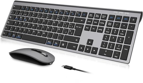 Teclado y Ratón Inalámbrico Bluetooth- cimetech Teclado y ratón Recargable, QWERTY Español Layout, Teclado de diseño ergonómico, Ultrafino para Ordenador/PC/portátil/Windows 10(Gris)