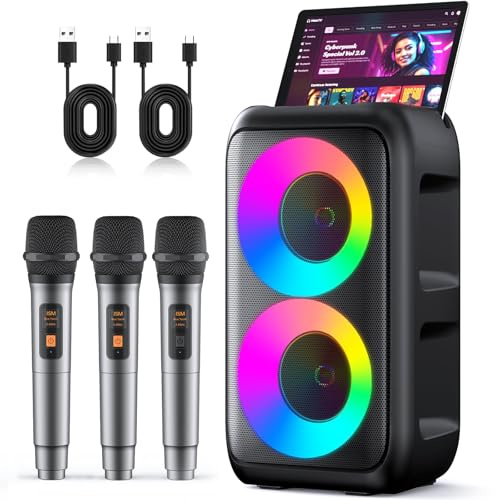 Máquina de karaoke, altavoz Bluetooth portátil con 3 micrófonos de karaoke inalámbricos, con tres micrófonos, karaoke de 10 W para adultos y niños con subwoofer mejorado, sistema PA, compatible con