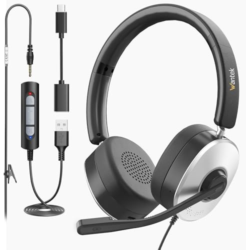 Wantek Cuffie con Microfono per PC Laptop, USB/Jack 3,5 mm/Type-C, Headset per Call Center, Smart Working, Ufficio, Zoom, Teams, Skype, Corsi Online