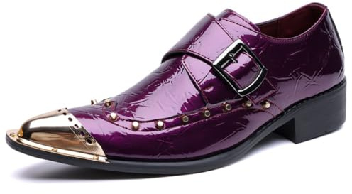 Men's Pointed Toe Dress Shoes Metal Tip Buckle Strap Studded Patent Leather Formal Footwear