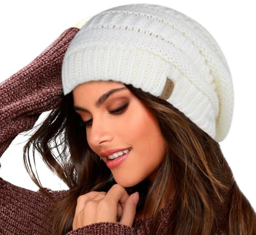 FURTALK Damen Beanie Mütze Warme Wintermütze mit Weichem Innenfutter Gefütterte Strickmütze,Weiß,Einheitsgröße