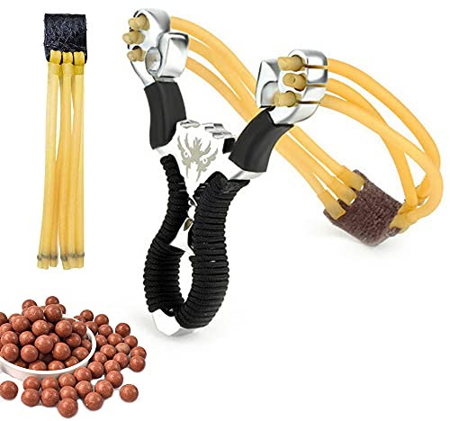 Jooheli Edelstahl Steinschleuder Set, Sport Slingshotspielzeug im Freie, Jagd Steinschleuder Profi für Katapult-Spiele und Haustier-Training mit 2er Slingshot Ersatzgummi + 200 st Schleudermunition