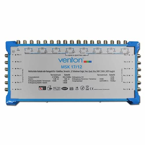 Venton Multiconmutador satelital 17/12 MSK I Multiswitch en cascada para 12 participantes I Distribuidor satélite 17 entradas 12 salidas - Full HD TV 4K 3D I Recepción de señales digitales y