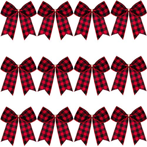12 Pezzi Fiocchi Plaid di Natale Fiocchi Decorativi Scozzesi Fiocchi Natalizi per Ghirlande Albero di Natale e Festa Addobbi Esterni e Interni per Casa (Rosso e Nero, 7 x 7 Pollici)