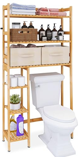SMIBUY Estante de Almacenamiento sobre el Inodoro, Estante de Almacenamiento de baño de bambú de 6 Niveles con cajones, Almacenamiento masivo, Ahorro de Espacio para Habitaciones pequeñas (Natural)