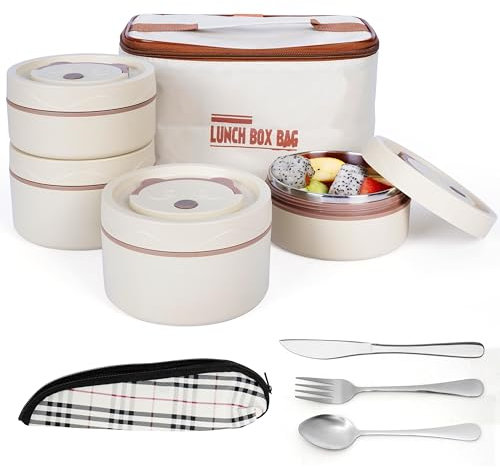 BELLE VOUS 5-teiliges tragbares isoliertes Lunchbox-Set mit Besteck - 4 Edelstahl Thermobehälter für Essen - Stapelbar und auslaufsicher - Thermo Lunchbox für Erwachsene - Beige