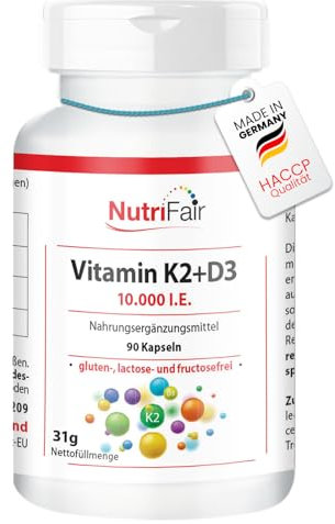 Vitamin K2 + D3 10.000 I.E. - 90 Kapseln - Hochdosiert - 100% Vegan – Deutsche Produktion & Laborprüfung - NutriFair | Premium & Fair