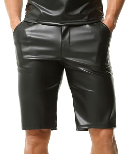 YOOBNG Mens PU Leather Shorts Straight Leg Flat Front Workout Shorts Shiny Short Pants with Pockets