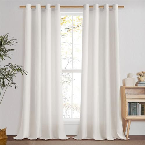 MRTREES Vorhang Leinenoptik Landhausstil Schlafzimmer Ösenschal 2er Set, 240 cm Lang, 140 cm Breit, Gardine Wohnzimmer Halbtransparent Leinen Vorhänge mit Ösen, Elfenbeinweiß