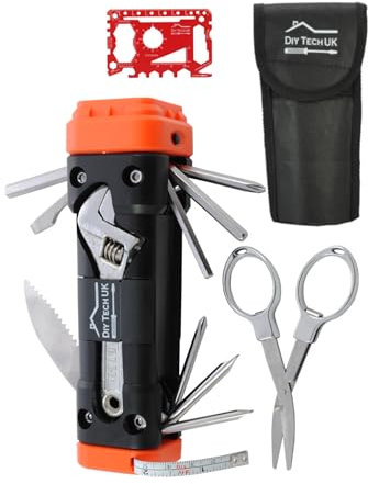 DIY TECH UK - 13 in 1 Torch and Wrench Multitool + Free 48 in 1 Wallet Tool - Latest Super-Bright LED - Extra Strong High Carbon Stainless Steel - Screwdrivers, Allen Keys, Scissors, 1m Tape Measure