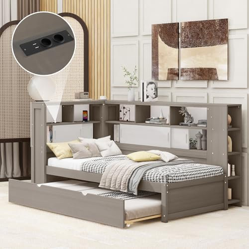 KecDuey Holzbett, 90x200cm(90x190cm) Plattformbett mit Staufach mit USB, Kinderbett mit Lattenrost,Regal, Gästebett mit Ausziehbett, Jugendbett (Grau, 90x200cm(90x190cm))