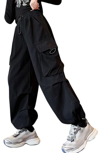 Pantalon Cargo Ado Fille 3-14 Ans Chic Pantalon De Sport Adolescente Fille Fashion Pas Cher Pantalon Ample Fille Taille Elastique a La Mode Casual Confortable Streetwear Pants (Black, 13-14 Ans)