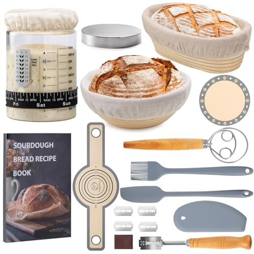 Kit de démarrage au levain, fournitures de cuisson pour pain au levain, pot de départ de levain de 1134 g, paniers ronds de 22,9 cm et ovales en rotin de 25,4 cm, outils de cuisson du pain, élingue à