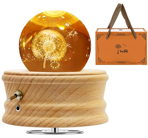 MJKOPEE Carillon con Sfera di Cristallo 3D con Dente di Leone, Carillon in Legno Rotante a 360°,Carillon Legno con Luce Regalo Bambini,Donne per Natale Compleanno San Valentino