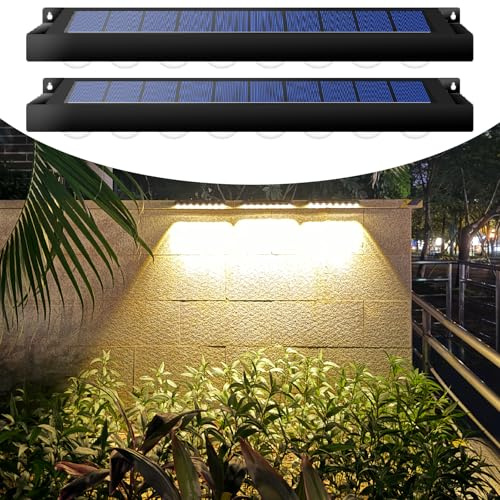 PULITAITONG High Brightness Solar Fence Lights Solar Sign Lights Outdoor 2 Pack, Automatic Charging and On/Off Light Switch, 8 LED Beads for Gardens, Porches, Patios, Decks, Fencescapes - Warm White