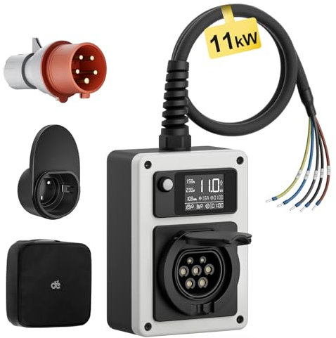 dé Wallbox 11kW 16A EV Charger mit Typ 2 Steckdose und Offenes Ende, 11kW Mobile Ladestation mit Stromzähler, RFID-Karte für ID.4 ID.5, Model Y, Model 3, e-up, e-tron, andere EV und PHEV