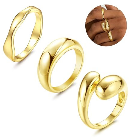 Dochais 3 Stück Gold Ring Damen, 14 Karat Vergoldete Ringe Set, Chunky Rings,Gold Verstellbare Ringe, Fingerring Einfacher Bandring Stapelbare Offene Golden Ring für Frauen Mädchen Größe 54
