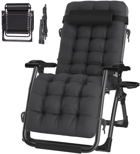 ONKBOITE Chaise Longue Pliante, Chaise de Relaxation avec Coussin, Pas d'installation, avec Porte-gobelet, Respirante, pour L'intérieur, Chaise de Jardin, Chaise de Camping (Noir, 72cm)