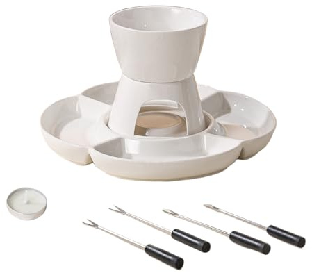 Genérico Fondue Set - Set De Calentador De Mantequilla De Cerámica | Pot De Fondue De Vela | Derrita El Tazón De Olla Caliente para Queso, Chocolate, Dulces | Ideal para Fiestas, Mesas De Postres Y