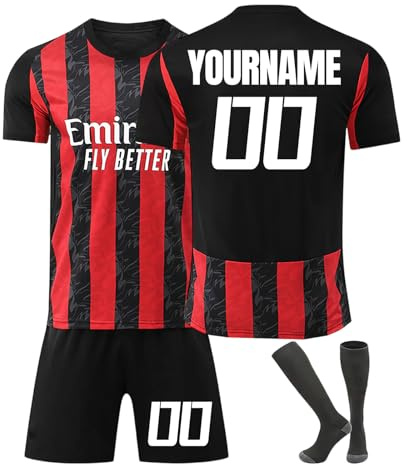 Maglia Calcio Personalizzata Milan Personalizzabile con Nome e Numero, Maglietta da Calcio Completa di Pantaloncini e Calzettoni per Ragazzi e Adulti