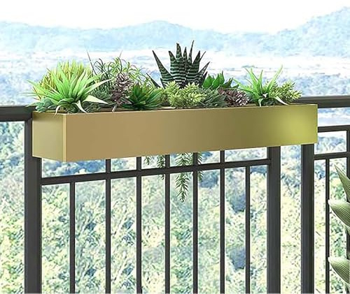 Hållbar metallräcke planteringslåda med krokar - rektangulär utomhus blomkruka för balkong trädgård veranda - 78 x 20 x 13 cm fönsterlåda för staket - snygg brun design