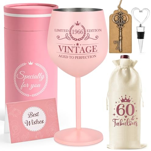 Livole 60th Birthday Gifts for Women, Her, Mum, 1966 Birthday Gifts for Women, 1966 Vintage Aged to Perfection, 60th Wine Glasses, 18oz 550ml Red Wine Goblet, Bottle Opener