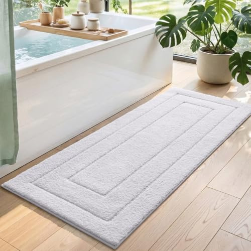 DEXI Badmatta 60 x 150 cm, halkfria mjuka badmattor vattenabsorberande, maskintvättbar badrumsmatta för dusch, badkar och toalett, vit | Superabsorberande badrumsmatta, maskintvättbar badmatta, tjock badrumsmatta för dusch, badkar och toalett
