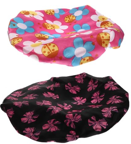 Uonlytech Lot de 2 Bonnets de Bain pour Garçon et Filles en Satin Imprimé, Bonnets de Nuit Élastiques Larges Bords, Tailles Ajustables, Motifs Noeud Rose et Fleurs Foncé, Protège-cheveux
