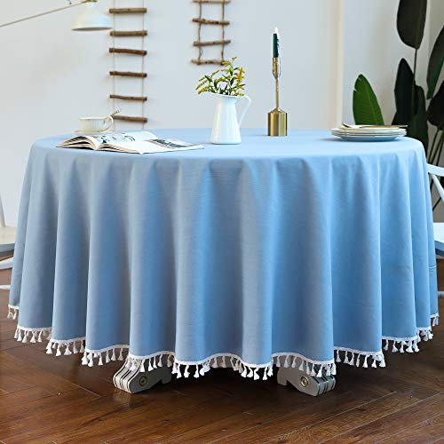 CoutureBridal Tischdecke Rund 120 cm Hellblau Blau Baumwolle Leinen Abwaschbar Uni Quaste Gartentischdecke Couchtisch Tischtuch für den Innen - und Außenbereich