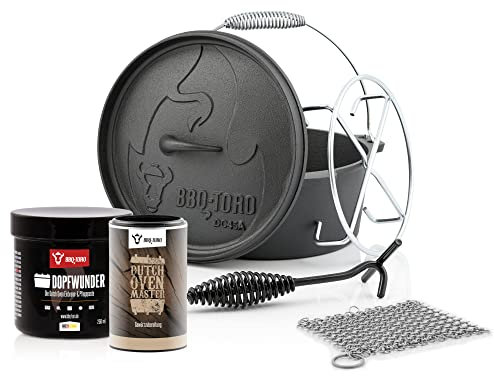 BBQ-Toro 6-teiliges Dutch Oven Starter Set mit Dutch Oven, Ringreiniger, Untersetzer, Deckelheber, Dopfwunder Einbrenn- & Pflegepaste, Dutch Oven Master Gewürzzubereitung