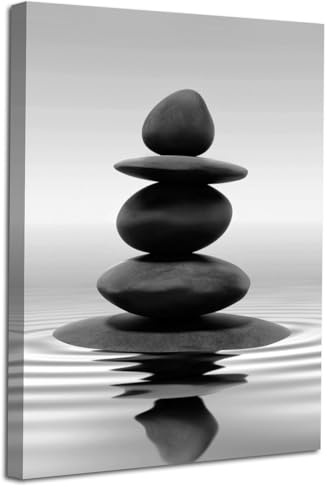 LZIMU Black and White Zen Wall Art Stones in Water Pictures Print on Canvas for Bathroom Yoga Meditation Spa Room Living Room Bedroom Wall Decorations Framed (Zen-1, 12x18 (30x45cm))