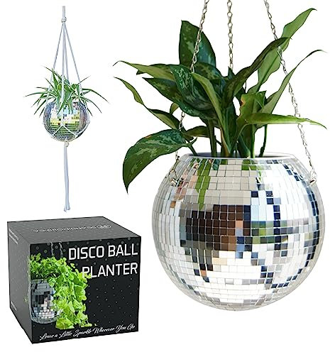 SCANDINORDICA Discokugel blumentopf - Spiegelkugel hängende blumentöpfe, diskokugel Pflanzen, discokugel deko übertopf makramee, Geschenk Freundin | Disco Kugel pflanzentopf – 25 cm Silber