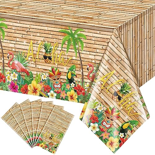 6Pcs Hawaiian Luau Tablecloth Tiki Party Tablecloths Tropical Table Cloth Plastic Disposable Rectangle Table Covers for Tiki Bar Tropical Summer Beach Pool Birthday Party Decorations ,108x 54 Inch