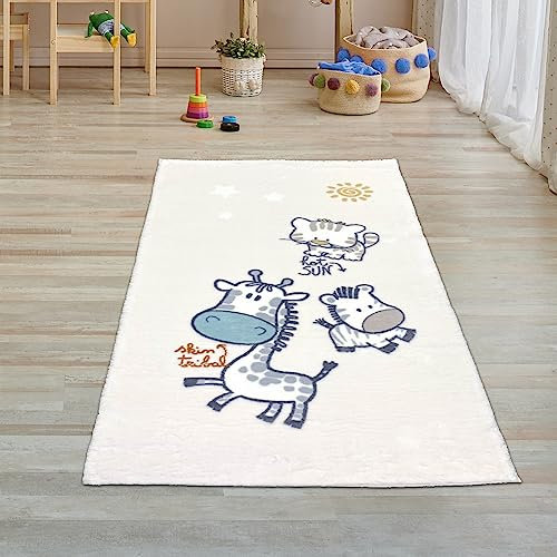 Teppich-Traum Teppich Kinderzimmer Läufer Hochflor flauschig weich kuschelig Tiere Giraffe Zebra Tiger Creme 80 x 150 cm