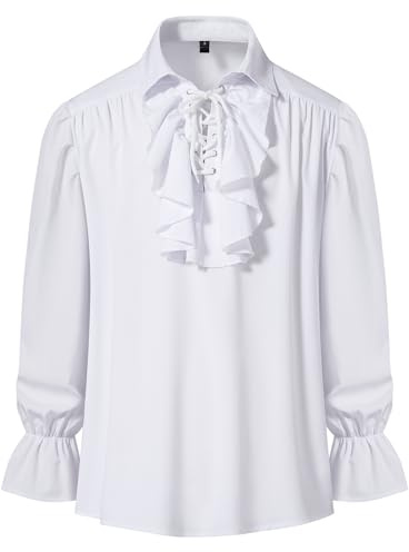 MakingDa Mens Renaissance Pirate Ruffled Frilly Shirt Jabot Collar Victorian Medieval Costume Retro Steampunk Gothic Ruffle Tops-White-S