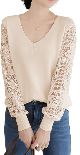 Qin Derdom Maglione in Pizzo da Donna - Elegante Pullover con Scollo a V e Occhielli all'Uncinetto, Manica Lunga, Maglia Leggera Traforata