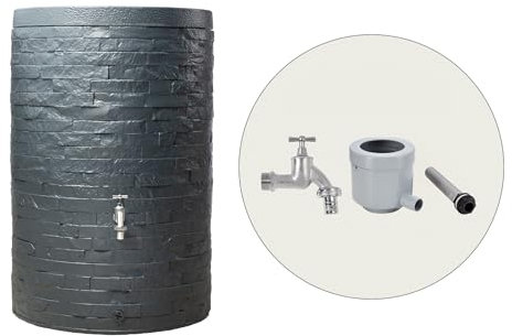 GARANTIA Muro Regentonne Komplett-Set 260 Liter Graphite Grey inkl. Chrom-Auslaufhahn und Fallrohranschluss - Wassertank, Regenfass, Tonne mit Deckel, Regenwassertonne, Wasserbehälter, Fass