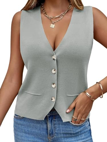Saodimallsu Chaleco sin mangas para mujer, de punto, cuello en V, con botones, a la moda, casual, holgado, para primavera y verano