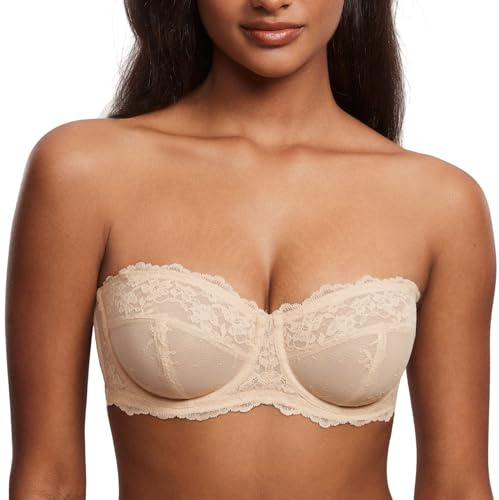DOBREVA Women's Lace Strapless Bra See Through Unlined Sheer Convertible Underwire Plus Size Bras Beige 36D