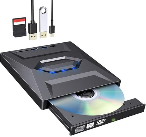 Externes CD DVD Laufwerk für Laptop: USB 3.0 & Type C DVD Laufwerk Extern mit SD/TF Kartenleser und USB Anschlüsse, CD DVD RW Brenner für Laptop, Desktop, Windows XP/2003, Win 7/8/8.1/10, Linux, Vista