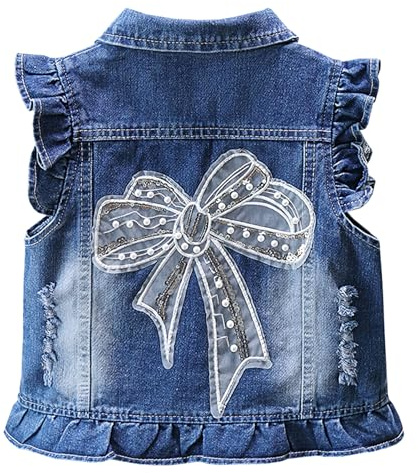 SXSHUN Chaleco para niña, chaleco vaquero para niños, chaqueta vaquera con estampado de fresa, chaqueta vaquera con corona, chaqueta para exteriores, abrigo sin mangas, abrigo para primavera y otoño