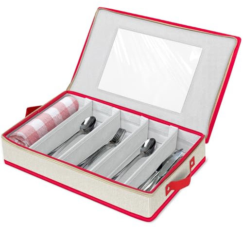 VERONLY Cutlery Drawer Organizer with Lid - Utensil Drawer Organizer Storage Case with 5 Adjustable Compartments, Hard Shell Flatware Organization Container for Silverware (Beige&Red)