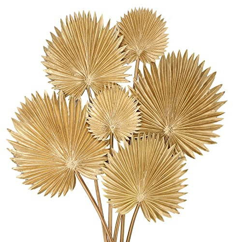 DILATATA Pu Foam Gold Artificial Palm Leaves Faux Palm Tropical Leaves Fake Palm Fronds for DIY Wedding Bouquets Fake Leaves for Centerpieces Arrangements Bridal Shower Palm Leaf for Home Decor-6Pcs