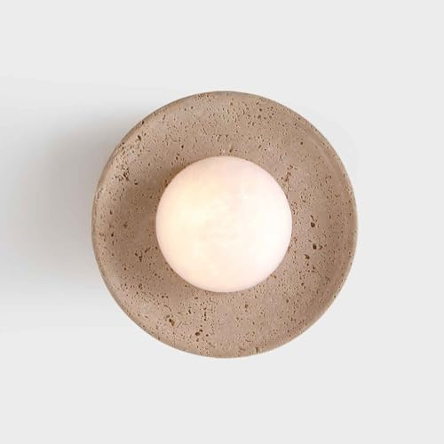 ZHUXMF Retro Natural Stone Wall Sconces Round Travertine Wall Sconce G4 Base Marble Wall Lights Vintage Japanese Wabi Sabi Style Glass Wall Light for Bedroom Bedside Living Room Vanity(25CM)