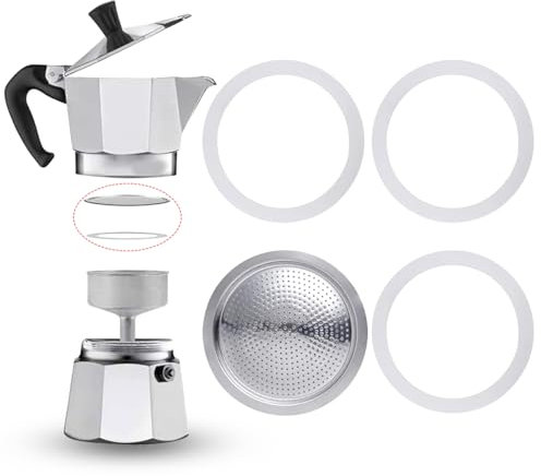 4 guarnizioni per caffettiera espresso 3 tazze, guarnizione di ricambio in silicone con filtro in alluminio, anelli di tenuta per caffettiera (3 anelli di tenuta in silicone + 1 filtro in acciaio)