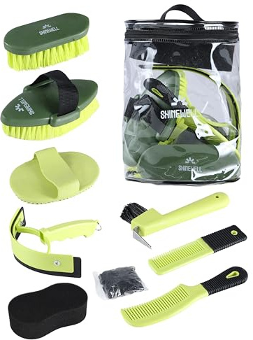 Shinewell Horse Grooming Brushes Kit 9 pieces with Organizer Bag Grooming Care Series Horse Brush Sets Green