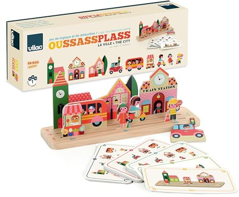 Vilac - Oussassplass La Ville - Ingela P.Arrhenius - 9 Pezzi in Legno + 60 Carte da Gioco con Livelli di difficoltà evolutivi - Giochi di risveglio per Bambini in Legno - dai 3 Anni - 7627